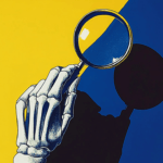 Skeleton hand with magnifying glass