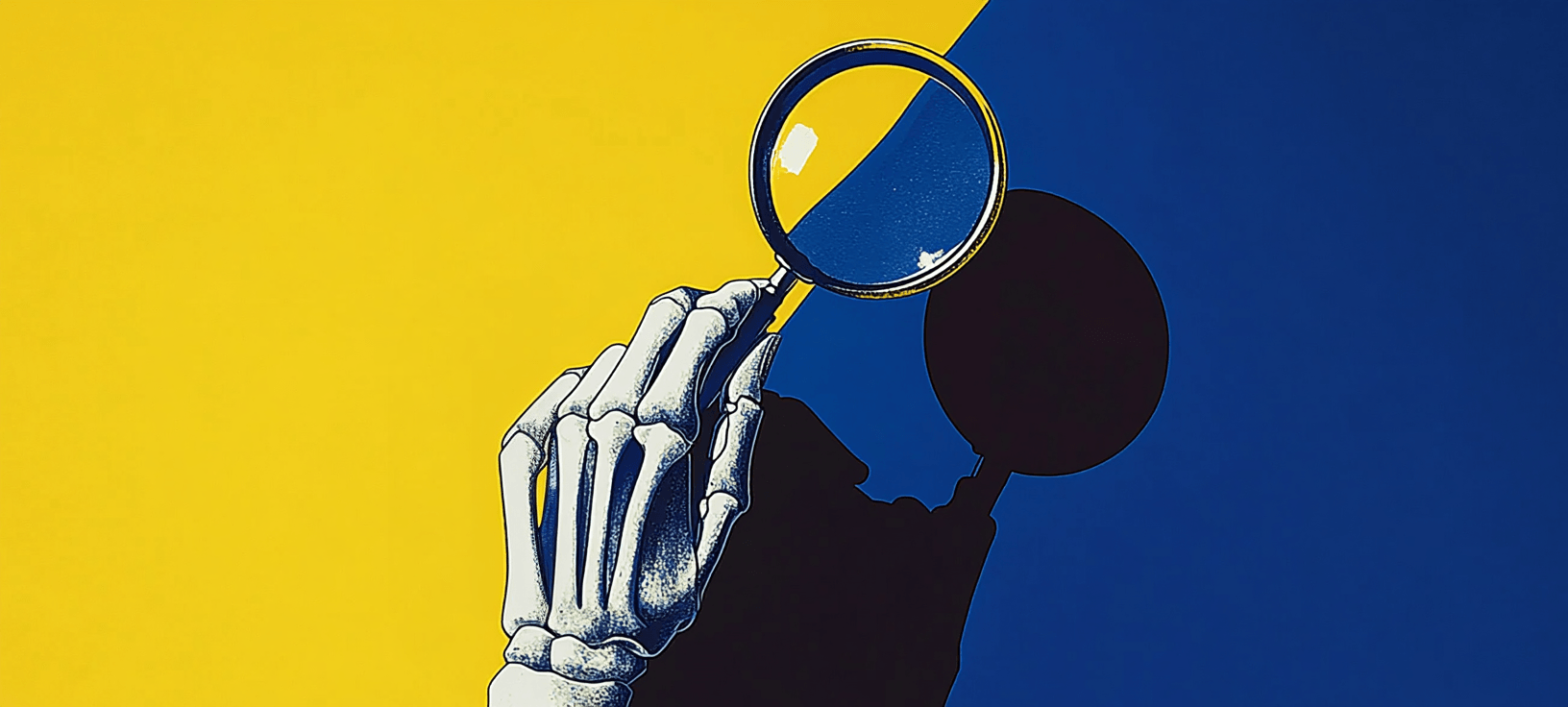 Skeleton hand with magnifying glass