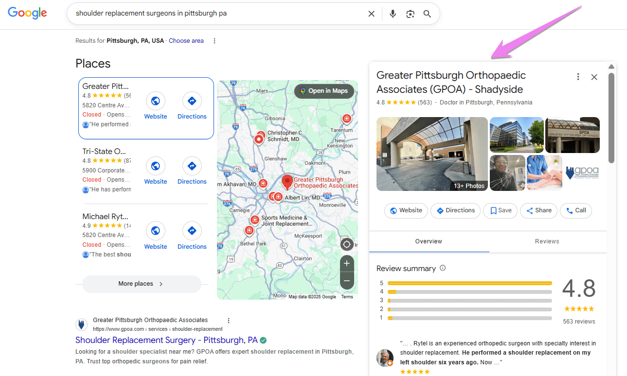An example of how an orthopedic practice’s GBP appears in search results for the query “shoulder replacement surgeons in Pittsburgh, PA”