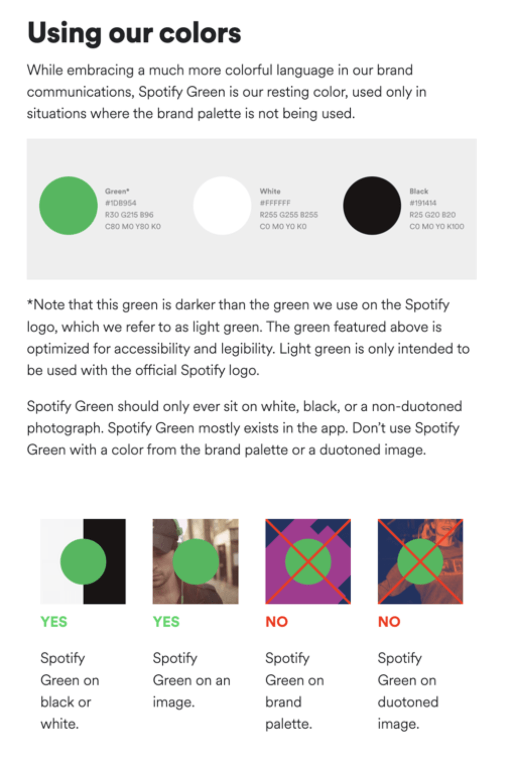 SCreenshot of page for Spotify color practices