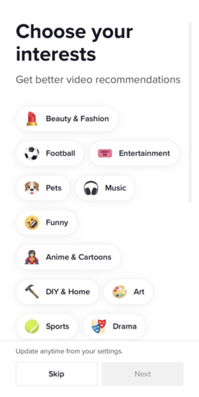 choose your interests on tiktok