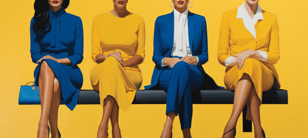 Four women sitting on bench in a blue or yellow outfit