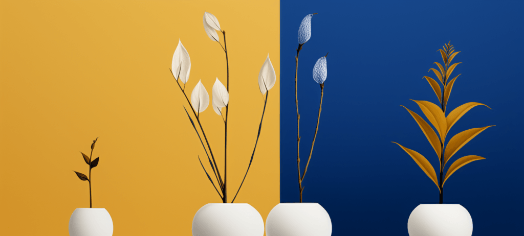 Three white vases with stylized plants against a split yellow and blue background. The left vase has a simple brown stem with leaves, the middle vase contains off-white pointed leaves on dark stems, and the right vase holds a plant with elongated golden leaves.