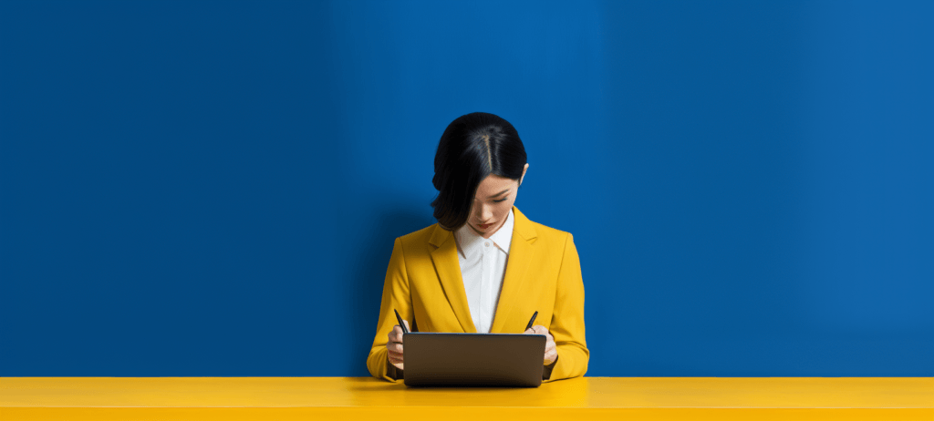 Woman in a yellow suit staring down a laptop on a table