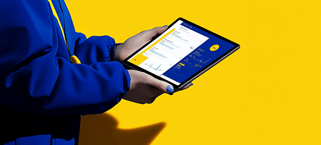 Person in blue holding a tablet with data on it.