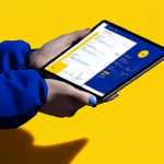 Person in blue holding a tablet with data on it.