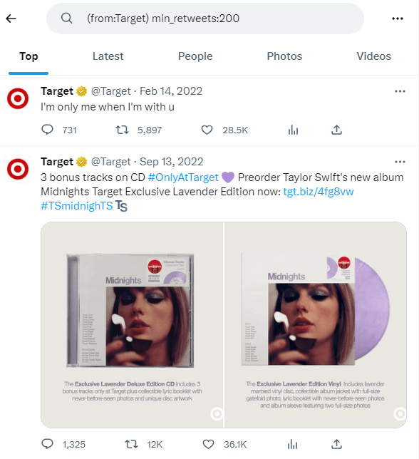 Searching for most popular tweets from Target with Twitter advanced search