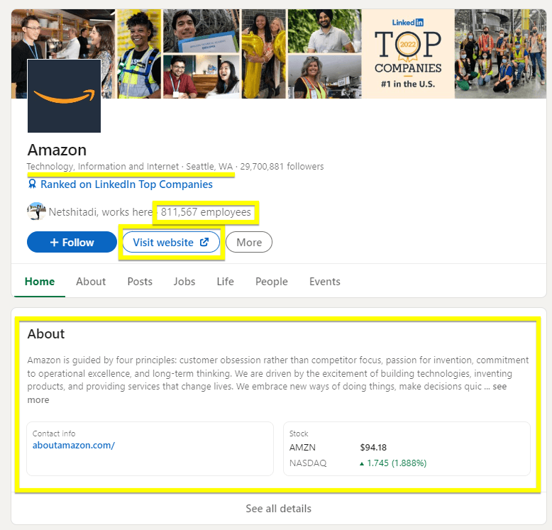 amazon linkedin page example