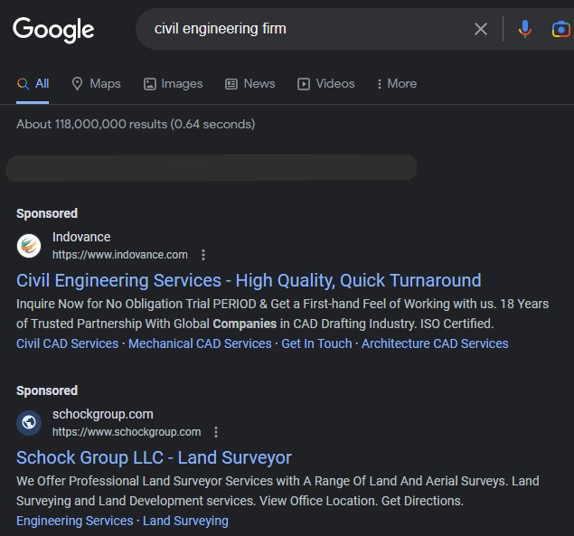 Ad results on Google when searching for civil engineers