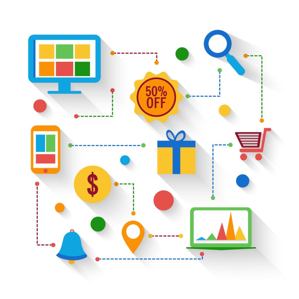 Colorful Business Infographic elements for Online Shopping and E-Commerce concept.