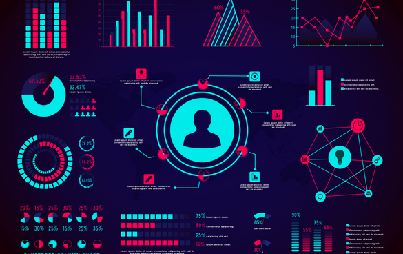 A collection of vibrant infographic elements including bar graphs, pie charts, line graphs, and network diagrams centered around a user profile icon, with accompanying data and statistics.