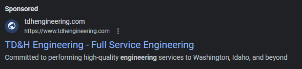 Google PPC ad appearing in the top of search results for civil engineering services