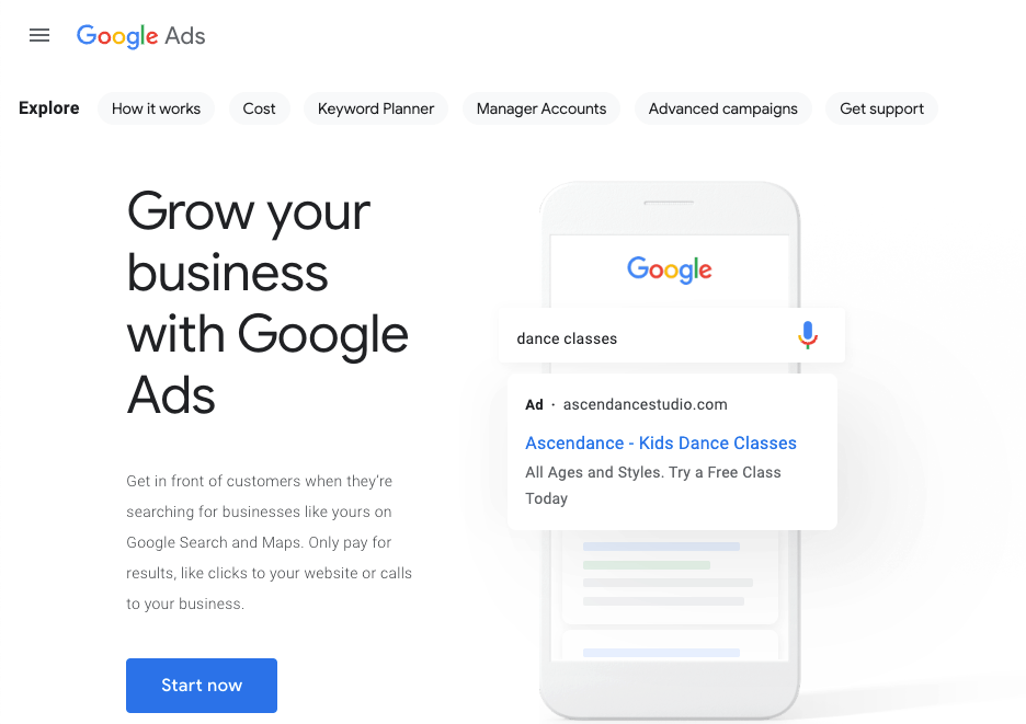 Homepage for Google Ads services