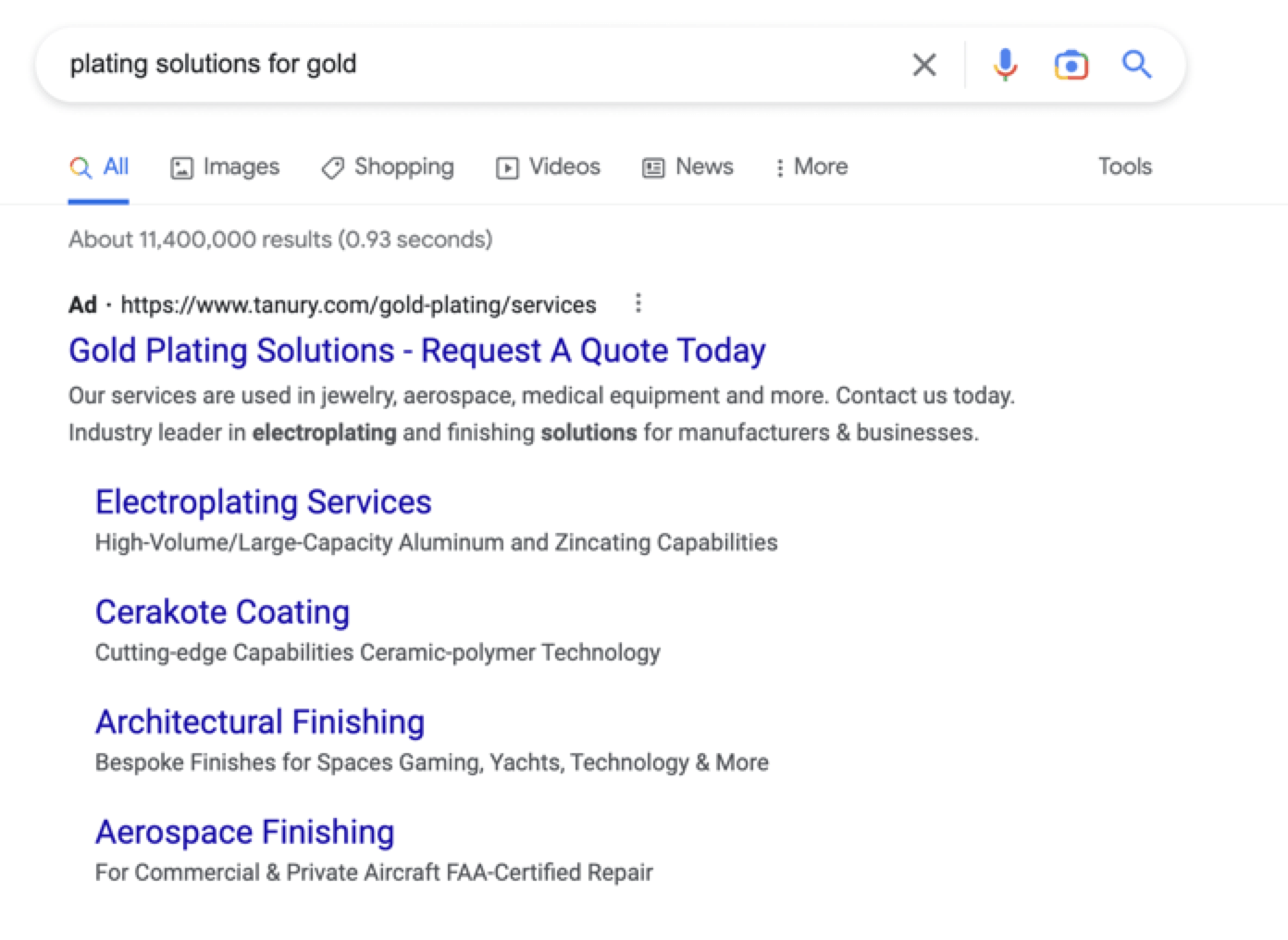 Google results for "plating solutions for gold"