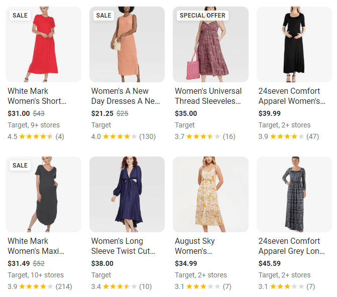 Google Shopping ads for women's dresses