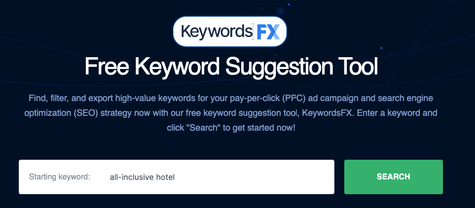 KeywordsFX homepage with search bar for keywords