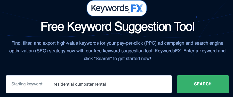 Keyword research tool showing searching for dumpster rental keywords