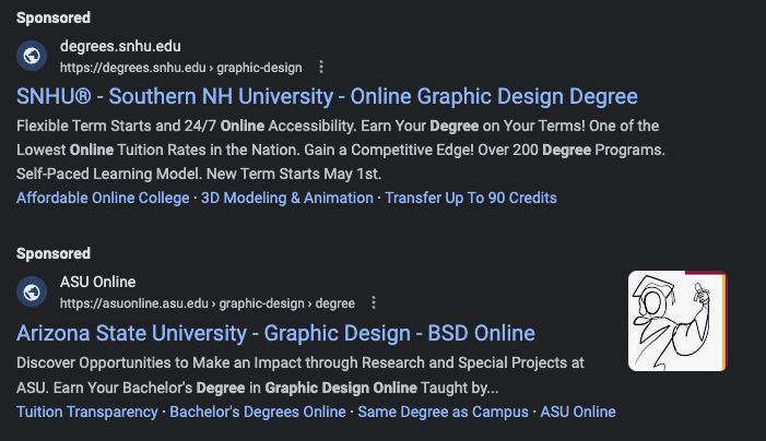 Online education ads appearing at the top of Google