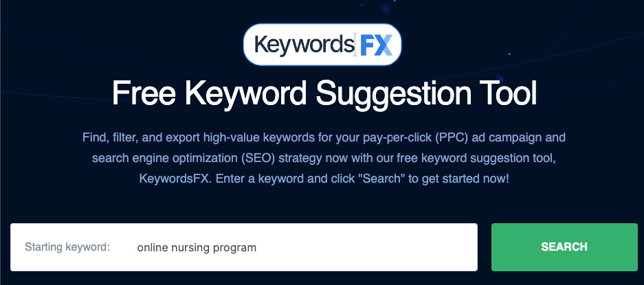 KeywordsFX keyword research tool with a keyword typed in the search bar