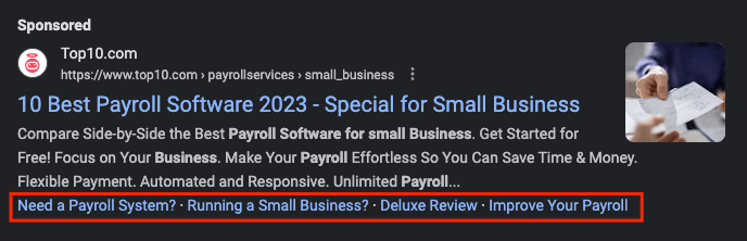 PPC ad for payroll services showing use of ad extensions