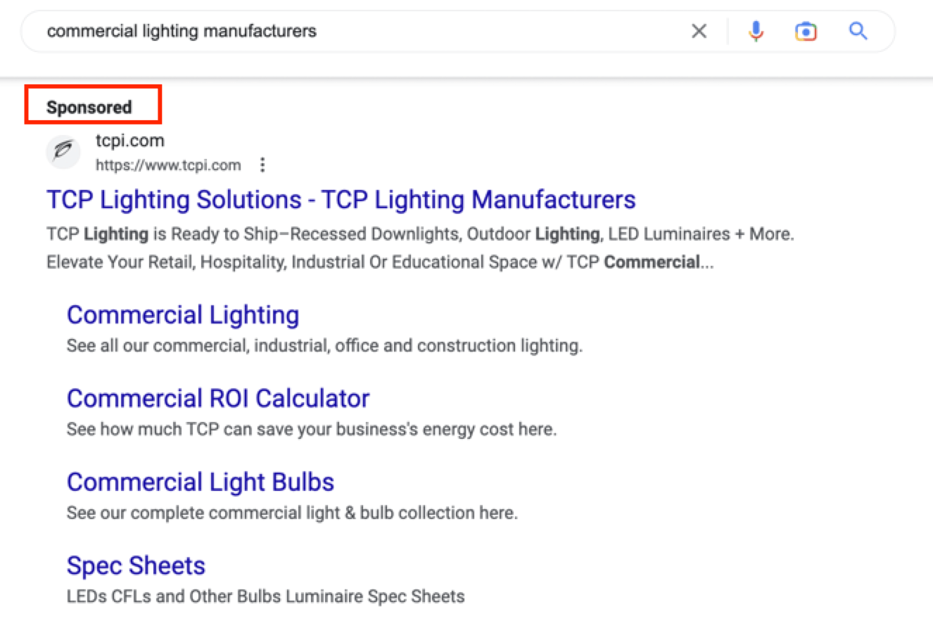 Screenshot of Google results for "commercial lighting manufacturers"