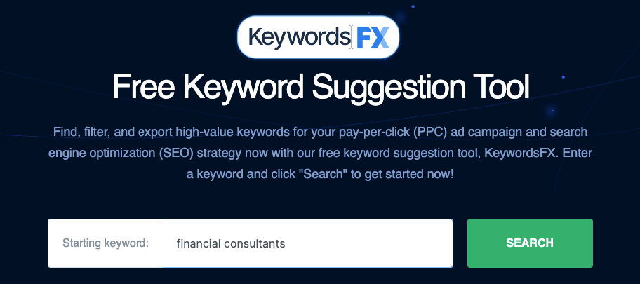 KeywordsFX search bar with the keyword financial consultants in it