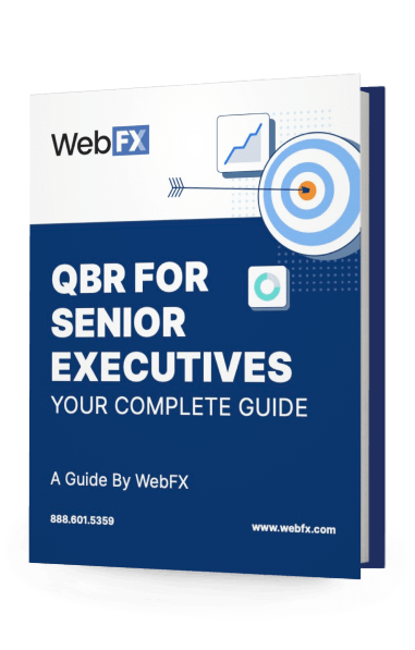 Cover of a guide book titled 'QBR for Senior Executives - Your Complete Guide' by WebFX, featuring a target and charts graphic, with contact information.