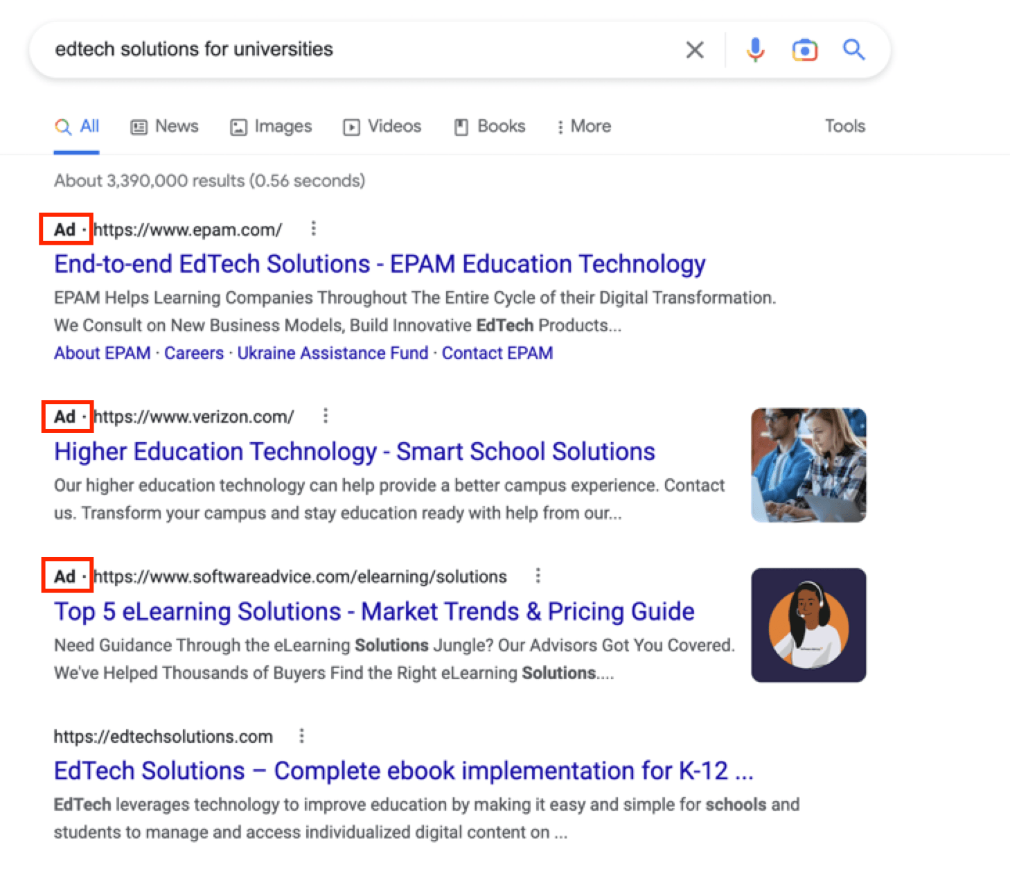 Screenshot of Google results for "edtech solutions for universities"