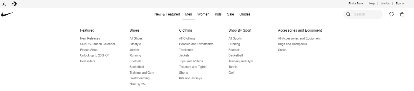 Nike website navigation drop down menu