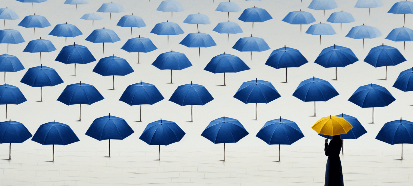 A woman with a yellow umbrella staring at rows of blue umbrellas