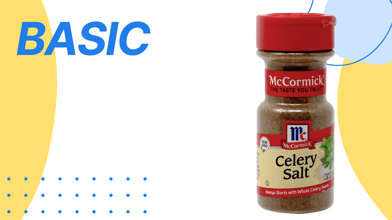A bottle of McCormick Celery Salt with a red cap and labeled as non-GMO against a creative background with the word 'BASIC' in blue and a blue and yellow color scheme.