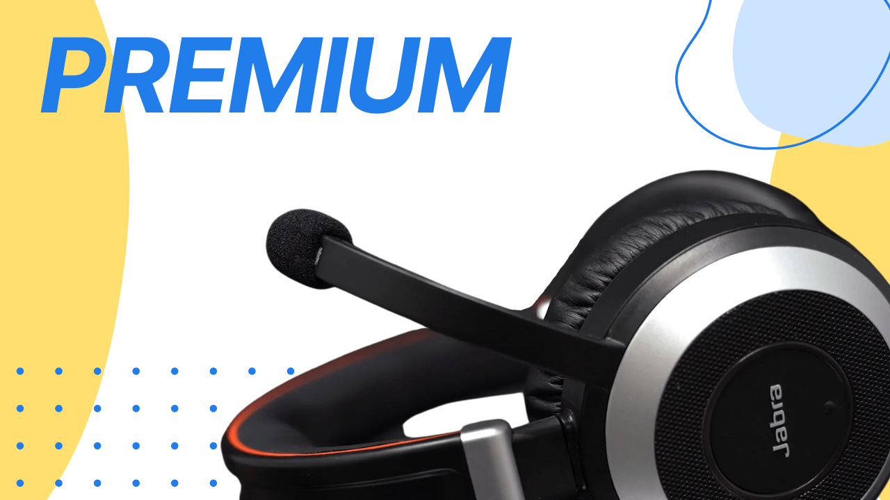 A premium headset with a microphone against a stylized background with the word 'PREMIUM' at the top and graphic elements in blue and yellow.