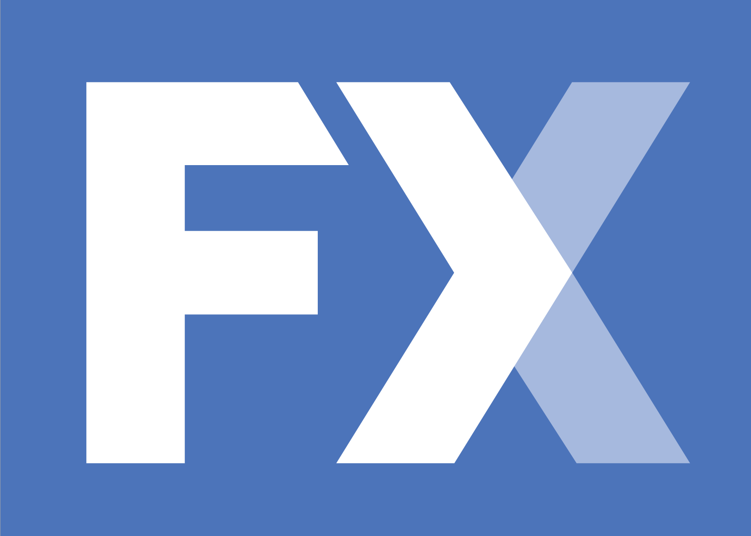 The logo of FX, consisting of a large white letter 'F' and a smaller blue letter 'X' against a blue background.