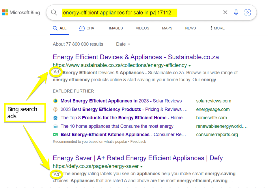 bing search ads search results screenshot