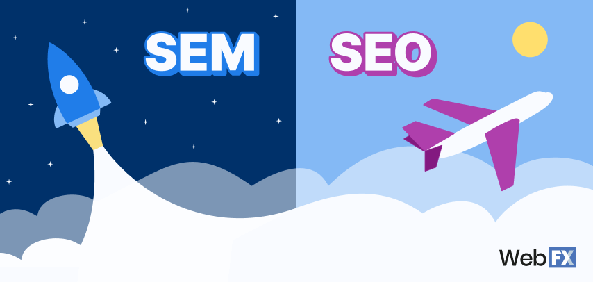 Graphic showing a SEM rocket ship and SEO airplane