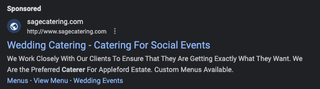Google ad in search results displaying catering companies