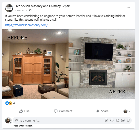 chimney and masonry company facebook post before and after pictures