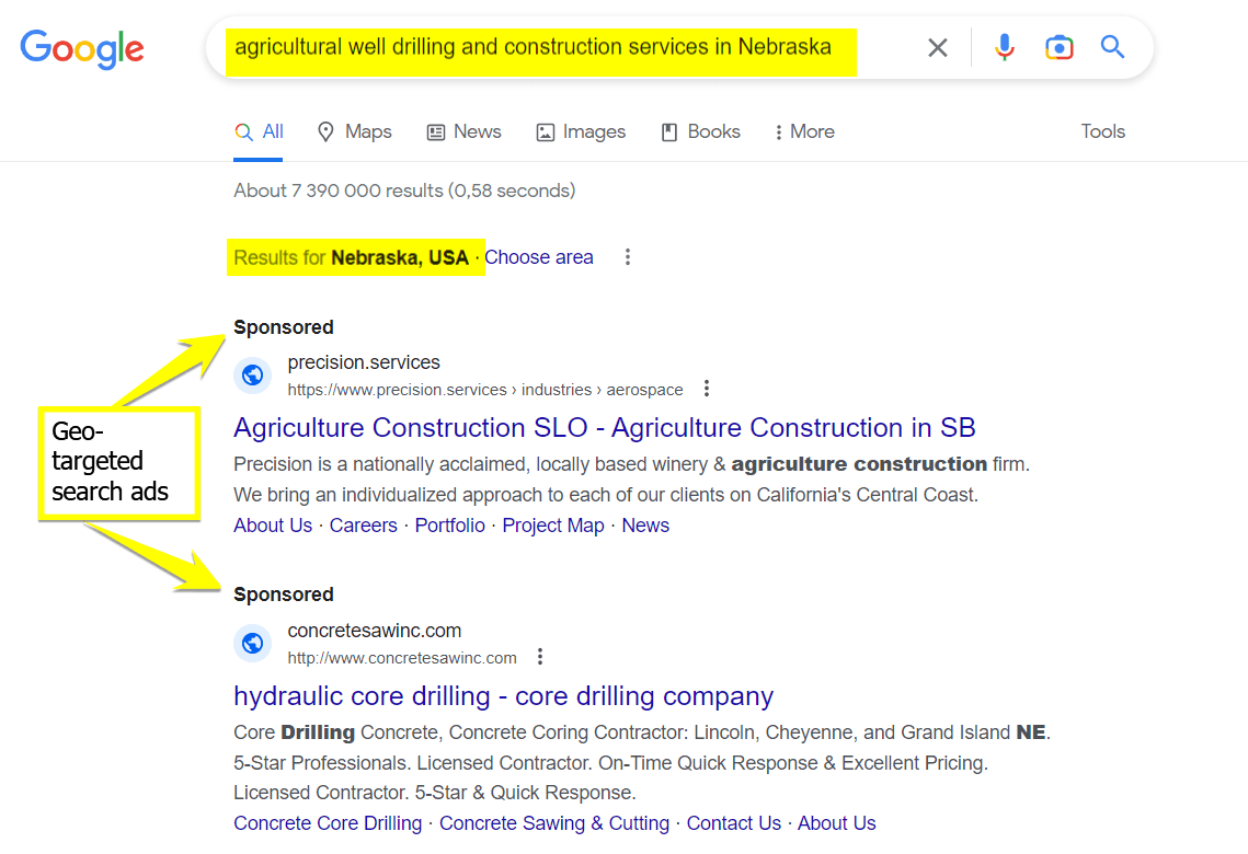 google geo targeted search ads results screenshot