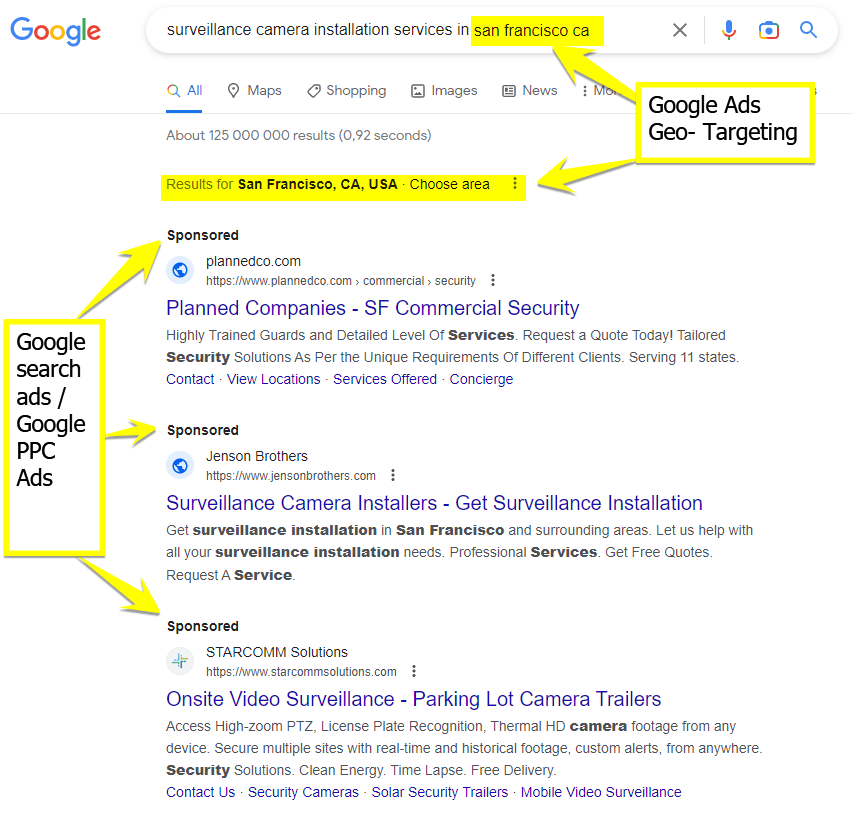 google serps showing search ads for surveillance camera installation services in san francisco ca