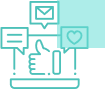 Icon set representing digital communication and social media engagement, including an envelope for email, a heart for likes, speech bubbles for comments, and a thumbs up for approval.