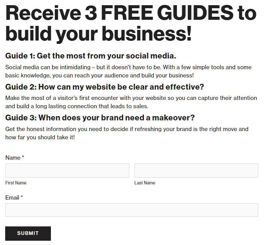 screenshot of a sign up form to download three guides to build your business