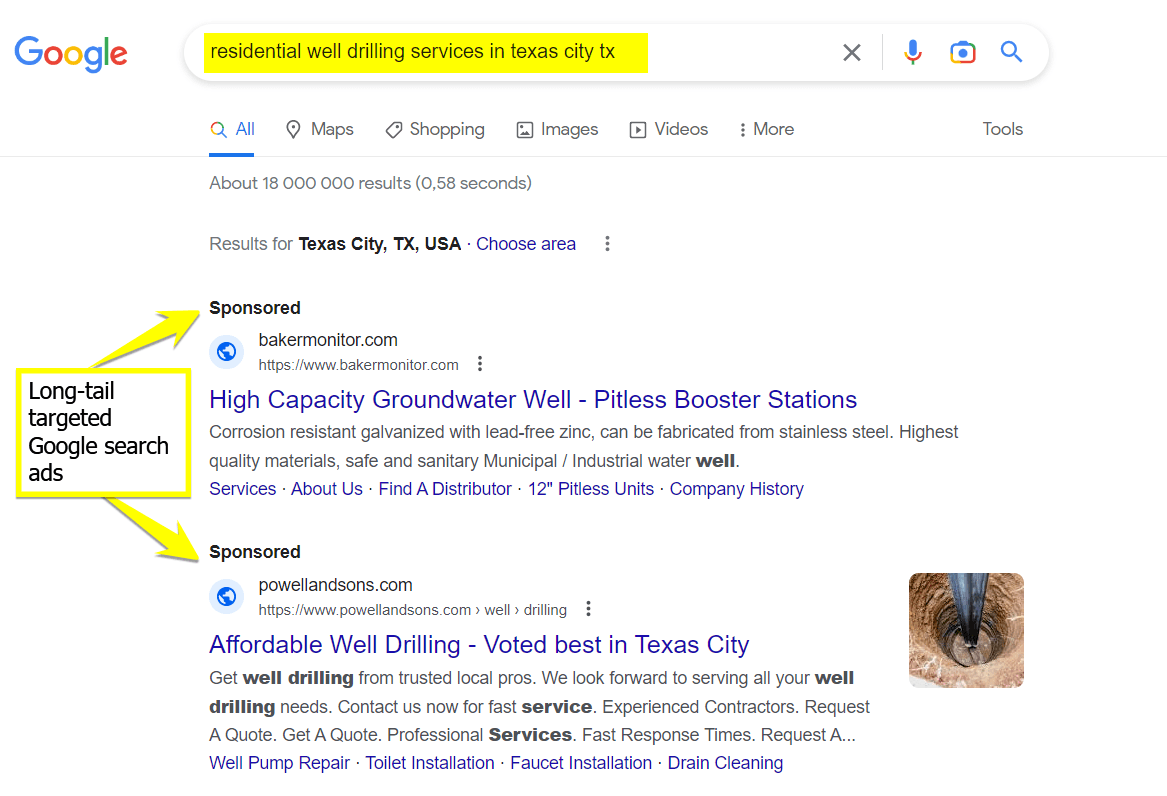 long tail targeted google search ads screenshot