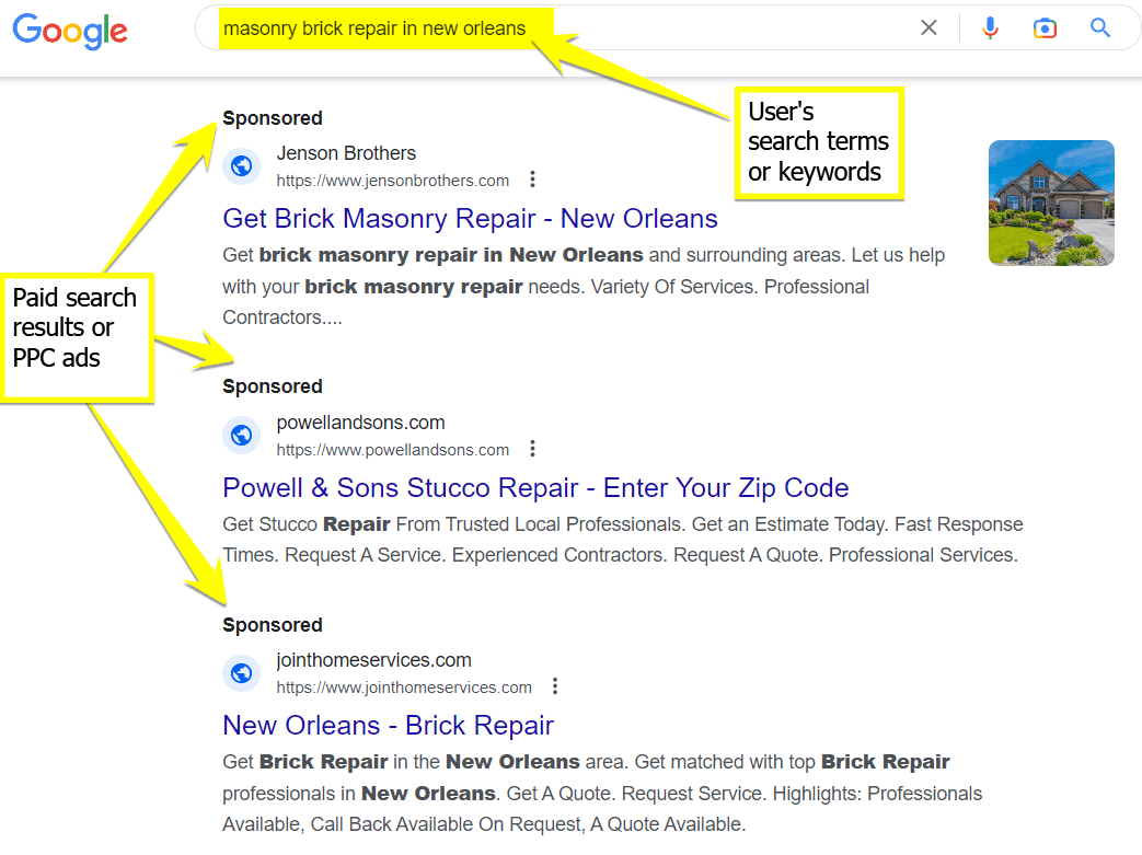 Google search results showing ppc ads for masonry brick repair in new new orleans