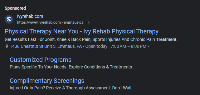 PPC ad for a physical therapy practice