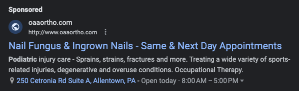 Paid advertisement in Google for a podiatrist