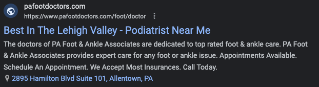 PPC search engine ad for a podiatrist