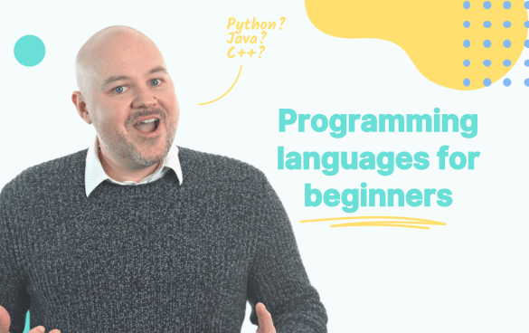 A smiling man with a gesture of curiosity next to the text 'Programming languages for beginners' with handwritten questions 'Python?', 'Java?', 'C++?' floating around him, indicating a discussion about which programming language is suitable for beginners.