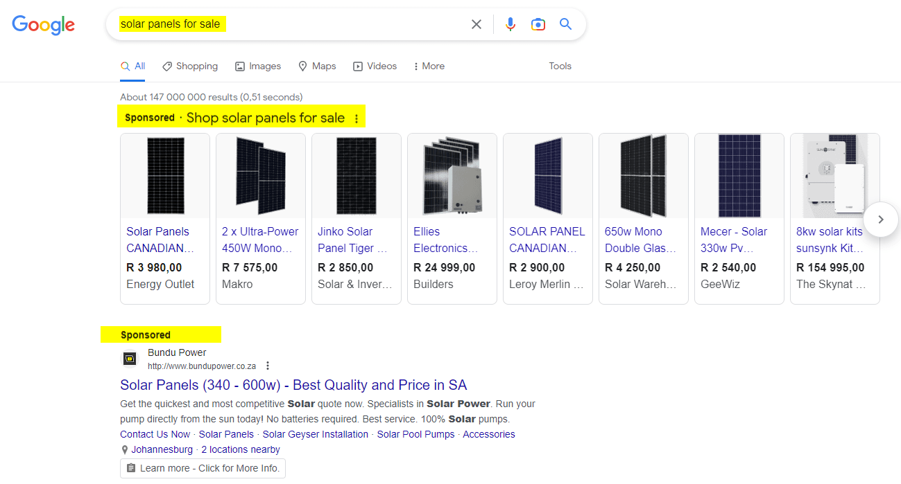 Google search results showing PPC ads for solar panels for sale