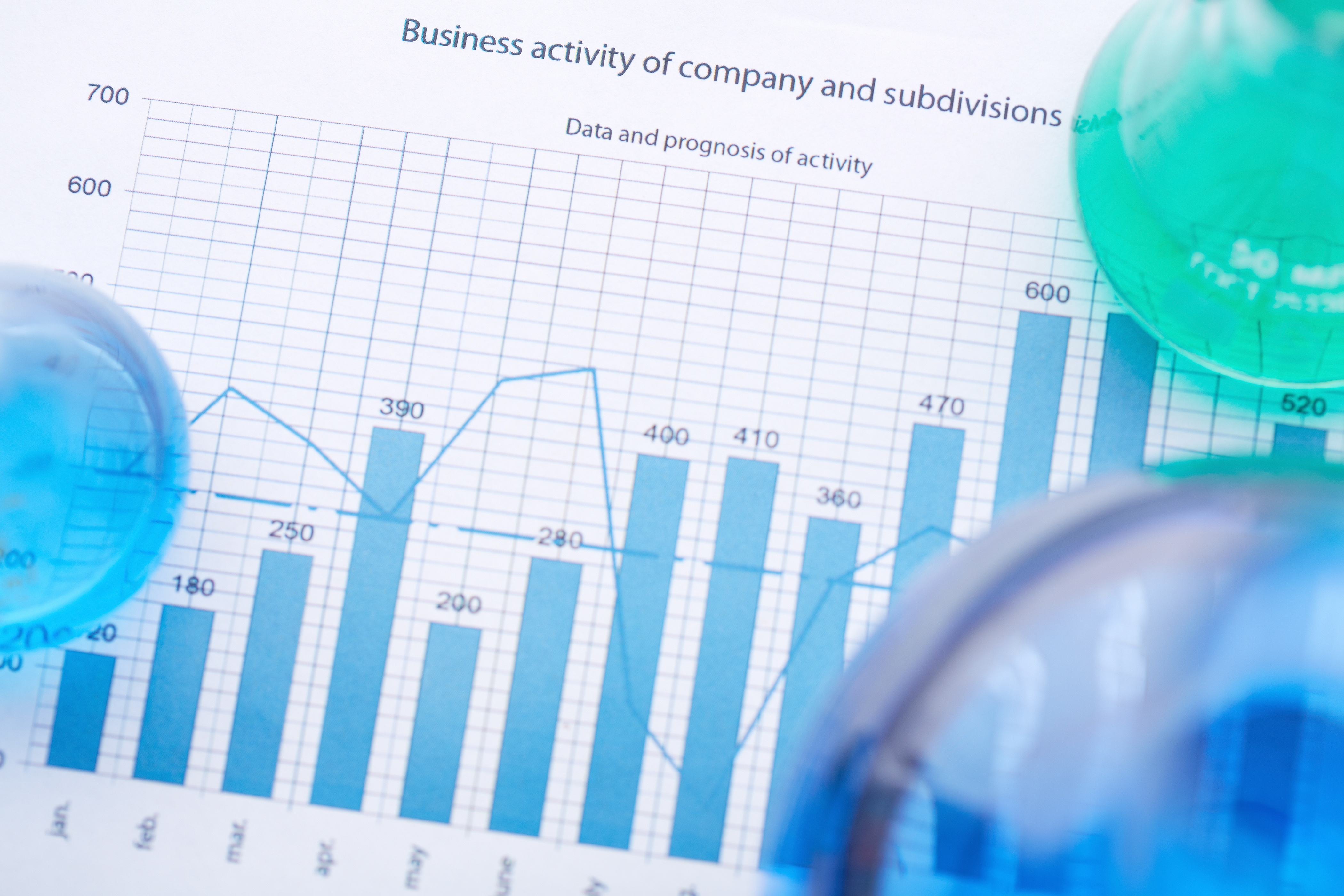 Test-tubes with liquids on paper with business analysis