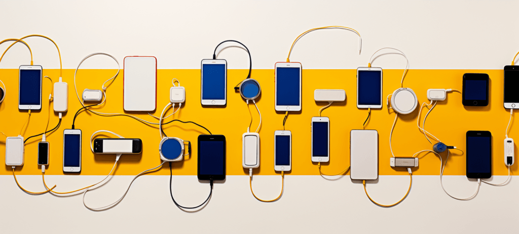 Cell phones connected through wires and sitting on a yellow table